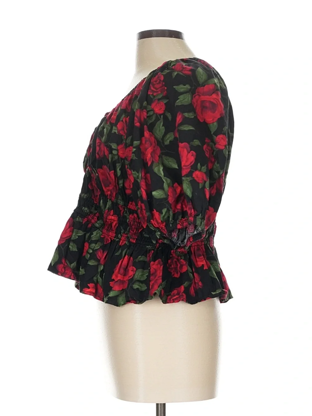 Old Navy Black Peplum Blouse with Red Rose Print